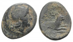 Kings of Thrace, Lysimachos (305-281 BC). Æ (20mm, 5.50g, 6h). Helmeted head of Athena r. R/ Lion leaping r.; monogram and spear-head below. Cf. SNG C...
