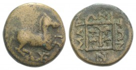 Thrace, Maroneia, c. 398/7-348/7 BC. Æ (16mm, 4.03g, 3h). Horse prancing r.; monogram below. R/ Grape vine within linear square; monogram below. SNG C...