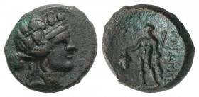 Thrace, Maroneia, c. 1st century BC. Æ (16mm, 5.53g, 12h). Head of youthful Dionysos r., wearing ivy wreath. R/ Dionysos standing slightly l., holding...