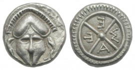 Thrace, Mesambria, c. 480/78-424 BC. AR Diobol (10mm, 1.18g). Crested helmet facing. R/ Radiate wheel of four spokes. SNG BM Black Sea 268. EF