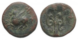 Corinth, c. 303-287 BC. Æ (11.5mm, 1.41g, 6h). Pegasos flying l. R/ Trident-head upward; torch to r. BCD Corinth 283-4. Good Fine - near VF
