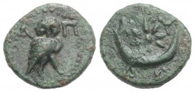 Crete, Kydonia, c. 2nd-1st century BC. Æ (16mm, 3.12g, 12h). Owl standing r., head facing; A-Π flanking. R/ Star-in-crescent. SNG Copenhagen 421. Gree...