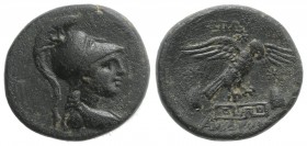 Phrygia, Apameia, c. 88-40 BC. Æ (24mm, 9.13g, 1h). Andronikos, son of Alkios, magistrate. Helmeted bust of Athena l., wearing aegis. R/ Eagle alighti...