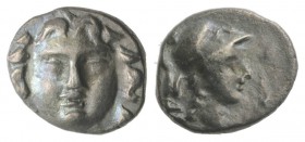 Pisidia, Selge, c. 350-300 BC. AR Obol (9mm, 0.80g, 12h). Facing gorgoneion. R/ Helmeted head of Athena r.; astralagos behind. SNG BnF 1934. Toned, EF