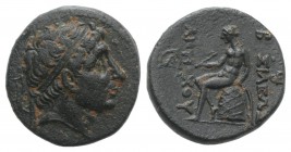 Seleukid Kings, Antiochos I (281-261 BC). Æ (16mm, 3.18g, 3h). Antioch on the Orontes. Diademed head r. R/ Apollo Delphios seated l.; monogram to l. a...