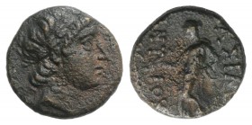 Seleukid Empire, Antiochos III (222-187 BC). Æ (11mm, 1.21g, 12h). Antioch(?). Laureate head of Apollo r. R/ Apollo standing l., holding bow and testi...