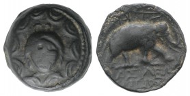 Seleukid Empire, Antiochos III (222-187 BC). Æ (17mm, 5.33g, 4h). Uncertain mint (Military mint in Coele-Syria), 202-187 BC. Macedonian shield with go...