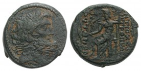 Seleukis and Pieria, Antioch, c. 38-35 BC. Æ Tetrachalkon (19mm, 7.29g, 1h), uncertain year. Laureate head of Zeus r. R/ Zeus Nikephoros seated l. RPC...