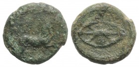 Kyrene, time of Ophellas (Ptolemaic governor, c. 322-313 BC). Æ (14mm, 3.30g). Nokonos, magistrate. Horse galloping r. R/ Oval wheel with four spokes ...