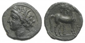 Carthage, c. 400-350 BC. Æ (14.5mm, 1.85g, 9h). Wreathed head of Tanit l. R/ Horse standing r. before palm tree. MAA 18; SNG Copenhagen 109-19. Good V...