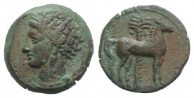 Carthage, c. 400-350 BC. Æ (16mm, 2.90g, 9h). Wreathed head of Tanit l. R/ Horse standing r. before palm tree. MAA 18; SNG Copenhagen 109-19. Brown pa...