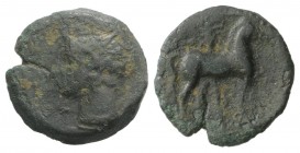 Carthage, c. 400-350 BC. Æ (16mm, 2.52g, 9h). Wreathed head of Tanit l. R/ Horse standing r. before palm tree. MAA 18; SNG Copenhagen 109-19. Fine