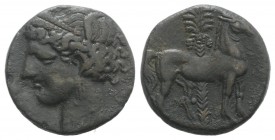 Carthage, after 241 BC. Æ Dishekel (25.5mm, 11.19g, 12h). Wreathed head of Tanit l., wearing triple-pendant earring and necklace. R/ Horse standing r....