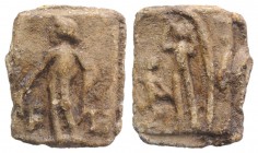 Roman PB Tessera, c. 1st century BC - 1st century AD (18mm, 4.03g, 12h). Apollo(?) standing l., holding branch; F-I flanking. R/ Figure standing l., r...