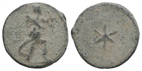 Roman PB Tessera, c. 1st century BC - 1st century AD (16mm, 2.38g). Diana advancing r., holding bow and arrow; quiver over shoulder. R/ Six-pointed st...