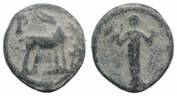 Roman PB Tessera, c. 1st century BC - 1st century AD (16mm, 3.86g, 12h). Diana Ephesia(?). R/ Stag standing r.; P to l. VF