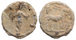 Roman PB Tessera, c. 1st century BC - 1st century AD (17mm, 4.36g, 12h). Diana Ephesia(?). R/ Stag standing r.; P to l. Near VF