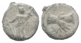 Roman PB Tessera, c. 1st century BC - 1st century AD (14mm, 2.68g, 32h). Fortuna standing l., holding rudder and cornucopiae. R/ Two clasped hands. Ro...