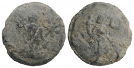 Roman PB Tessera, c. 1st century BC - 1st century AD (24mm, 16.17g, 12h). Fortuna standing r., holding rudder and cornucopiae; crescent to r. R/ Mercu...