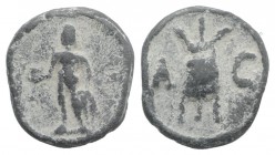 Roman PB Tessera, c. 1st century BC - 1st century AD (17mm, 4.76g, 12h). Genius(?) standing l., holding apple in r. hand, grain-ears in l. R/ Modius c...