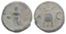 Roman PB Tessera, c. 1st century BC - 1st century AD (18mm, 5.01g, 12h). Genius(?) standing l., holding apple in r. hand, grain-ears in l. R/ Modius c...