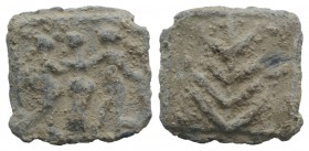 Roman PB Tessera, c. 1st century BC - 1st century AD (15mm, 2.80g, 12h). The Three Graces. R/ Palm Branch. Rostowzew 2457. VF