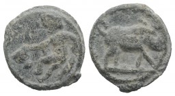 Roman PB Tessera, c. 1st century BC - 1st century AD (14mm, 2.33g, 12h). Hercules reclining r., holding cantharus and club. R/ Boar standing r. Rostow...