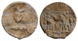 Roman PB Tessera, c. 1st century BC - 1st century AD (22mm, 3.90g, 1h). Facing bust of Luna(?). R/ Two horsemen (Dioscuri?) standing facing. Good Fine