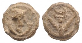 Roman PB Tessera, c. 1st century BC - 1st century AD (13mm, 2.68g, 12h). Head of Mercury set on double cornucopiae. R/ Caduceus with two palm branches...