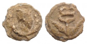 Roman PB Tessera, c. 1st century BC - 1st century AD (13mm, 2.08g, 12h). Head of Mercury set on double cornucopiae. R/ Caduceus with two palm branches...
