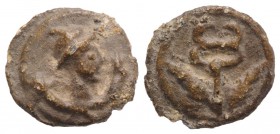 Roman PB Tessera, c. 1st century BC - 1st century AD (13mm, 2.35g, 12h). Head of Mercury set on double cornucopiae. R/ Caduceus with two palm branches...