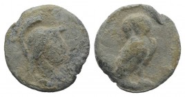 Roman PB Tessera, c. 1st century BC - 1st century AD (16mm, 3.55g, 12h). Helmeted head of Minerva r. R/ Owl standing r. Rostowzew 2892. About VF