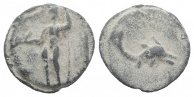 Roman PB Tessera, c. 1st century BC - 1st century AD (19mm, 4.35g, 12h). Neptune standing l., holding dolphin and trident. R/ Dolphin r. Rostowzew 292...