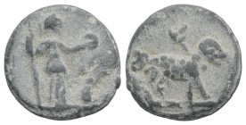 Roman PB Tessera, c. 1st century BC - 1st century AD (15mm, 2.93g, 12h). Salus(?) standing r., holding patera and sceptre. R/ Ram standing r.; caduceu...