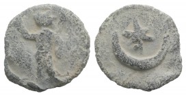 Roman PB Tessera, c. 1st century BC - 1st century AD (15mm, 2.60g, 12h). Sol standing l., raising r. hand and holding whip. R/ Star and crescent. Near...
