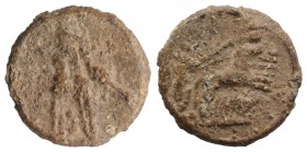 Roman PB Tessera, c. 1st century BC - 1st century AD (22mm, 7.32g, 9h). Uncertain figure on quadriga r. R/ Three corn-ears. Near VF