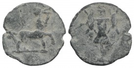 Roman PB Tessera, c. 1st century BC - 1st century AD (21mm, 2.96g, 12h). Centaur advancing r., playing aulos. R/ Trophy. Near VF