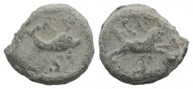 Roman PB Tessera, c. 1st century BC - 1st century AD (14mm, 3.03g, 12h). Lion leaping r.; RV above, S below. R/ Dolphin r.; RV above, S below. Rostowz...