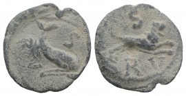 Roman PB Tessera, c. 1st century BC - 1st century AD (18mm, 2.52g, 9h). Lion leaping r.; S above, RV below. R/ Dolphin r.; S above, RV below. Cf. Rost...