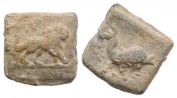 Roman PB Tessera, c. 1st century BC - 1st century AD (16mm, 5.70g, 12h). Lion advancing r. R/ Dolphin r. VF