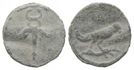 Roman PB Tessera, c. 1st century BC - 1st century AD (19mm, 2.18g, 12). Winged caduceus. R/ Bird standing r. on branch. Rostowzew 2750. Wavy flan, VF
