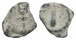Roman PB Tessera, c. 1st century BC - 1st century AD (10mm, 0.61g). Winged caduceus. R/ Club l.; [LV above, S (retrograde) below]. Rostowzew 2758. Nea...