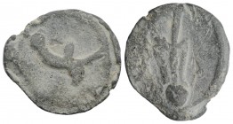 Roman PB Tessera, c. 1st century BC - 1st century AD (29mm, 10.63g, 6h). Phallus. R/ Rudder on globe. Holed, VF