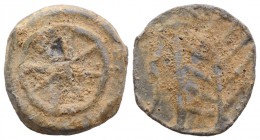 Roman PB Tessera, c. 1st century BC - 1st century AD (22mm, 5.49g). Eight-spoked wheel. R/ Whip and Branch. Rostowzew 832. VF