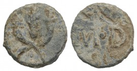 Roman PB Tessera, c. 1st century BC - 1st century AD (18mm, 3.16g, 12h). M•D. R/ Corn-ear and double cornucopiae. VF