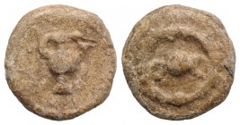 Roman PB Tessera, c. 1st century BC - 1st century AD (16mm, 5.05g, 6h). O●C within wreath. R/ Cantharus. VF