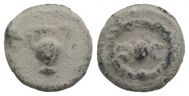 Roman PB Tessera, c. 1st century BC - 1st century AD (16mm, 4.80g, 6h). O●C within wreath. R/ Cantharus. About VF