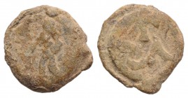 Roman PB Tessera, c. 1st century BC - 1st century AD (16mm, 4.46g). T V S in circle. R/ Figure standing l. Near VF