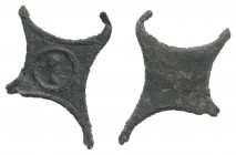 Roman Bronze Decorative Element, c. 1st century BC - 1st century AD (19mm, 0.58g). Bare head r. in circle.
