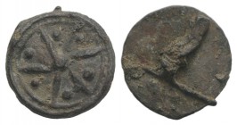 Roman PB Brooch, c. 3d-4th century AD (11mm, 0.63g). Six-spoked wheel with pellets.